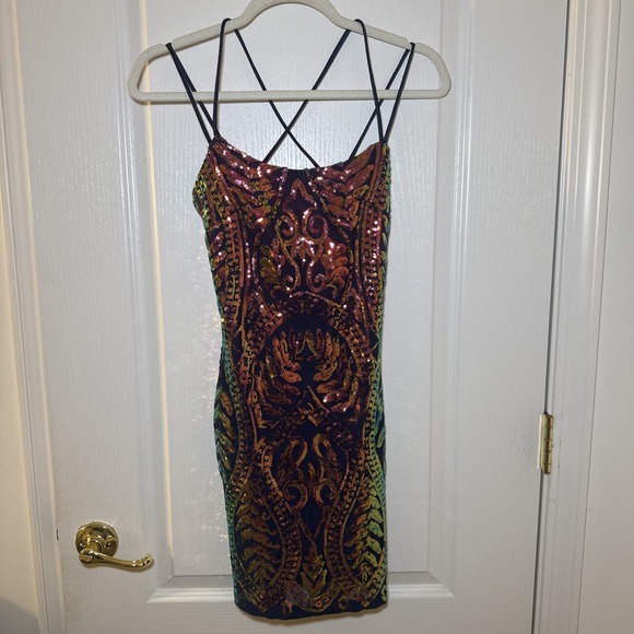 Blondie Nites Dresses & Skirts - Blondie Nites Sequin Bodycon Mini Dress Jr Size 1 Gold Orange Navy Party